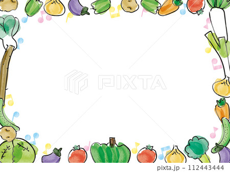 手描き水彩の可愛い野菜のフレーム_背景白・音符_横 112443444