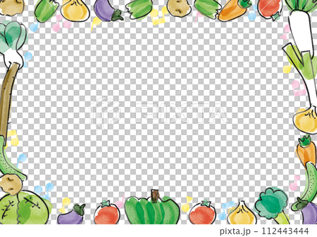 手描き水彩の可愛い野菜のフレーム_背景白・音符_横 112443444