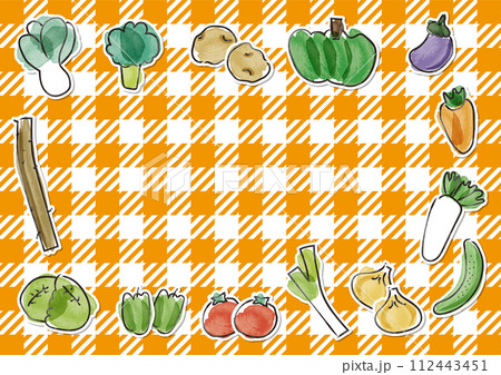 手描き水彩の可愛い野菜のフレーム_背景オレンジのギンガムチェック_横 112443451
