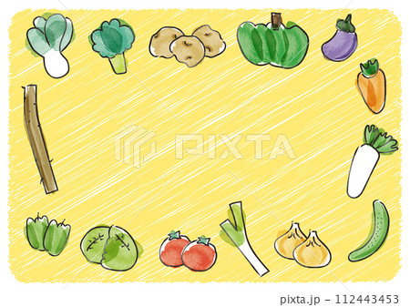 手描き水彩の可愛い野菜のフレーム_背景黄色_横 112443453
