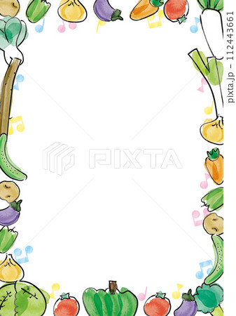 手描き水彩の可愛い野菜のフレーム_背景白・音符_縦 112443661