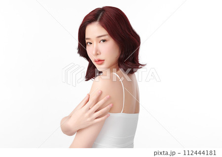 Beautiful young asian woman with clean fresh skin on white background, Face care, Facial treatment, Cosmetology, beauty and spa, Asian women portrait. 112444181