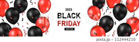 Black friday sale promotion banner with shiny balloons, Shopping sale and discount festive. Vector illustration 112444210