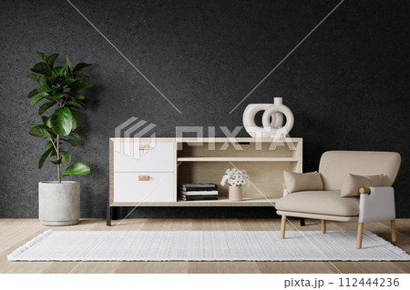 Wooden rustic cabinet near wall with chair and tree. Interior design of modern living room. 3D render illustration 112444236