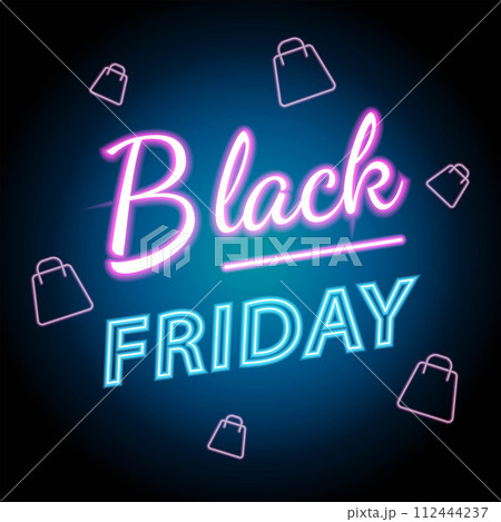Black friday neon light banner with shopping bag sign. Vector Illustration Black friday neon light banner with shopping bag sign. Vector Illustration 112444237