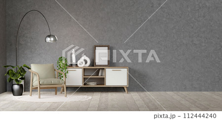 Wooden rustic cabinet near wall with blank poster frame with copy space. Interior design of modern living room. 3D render illustration 112444240