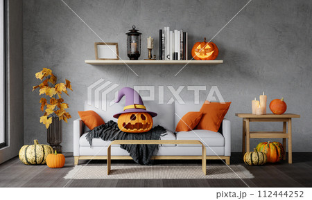 Modern room decorated for Halloween. Idea for festive interior. 3D render 3D illustration 112444252