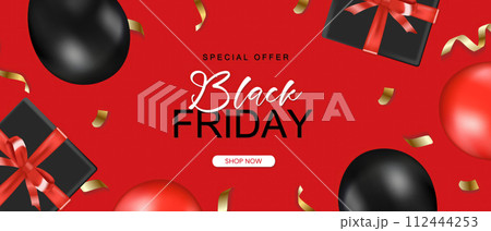 Black friday horizontal sale banner with realistic glossy balloons, gift box and ribbon text on red background. Vector illustration Black friday horizontal sale banner with realistic glossy balloons, gift box and ribbon text on red background. Vector illustration 112444253