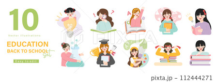 Education concept illustrations. Set of people vector illustrations in various activities of education, learning, reading book, online course and training, back to school. 112444271
