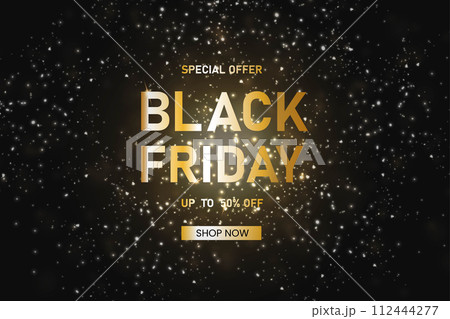 Gold black friday sale banner with golden serpentine and 50 percent discount. web, poster, promotions. Vector illustration 112444277