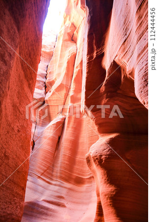 アリゾナ州アンテローブキャニオンの神秘的な赤土のグラデーション アリゾナ州アンテローブキャニオンの神秘的な赤土のグラデーション 112444456