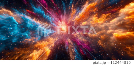 AI-generated content. Bursting patterns of orange, blue, and magenta against a dark background, dynamism concept 112444810