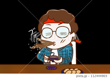 (上半身斜め)ティータイムをしていたら驚きとショックでお茶をブッと噴き出すメガネをかけたオタク (上半身斜め)ティータイムをしていたら驚きとショックでお茶をブッと噴き出すメガネをかけたオタク 112444903