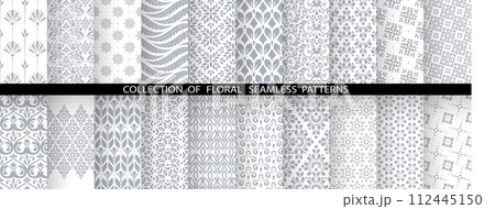 Geometric floral set of seamless patterns. White and gray vector backgrounds. Damask graphic ornaments 112445150