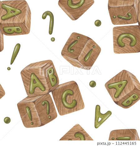 Baby Toys seamless Pattern. Watercolor illustration of abc blocks. Hand drawn on white isolated background. Drawing of kids cubes print. For fabrics and children's textiles 112445165