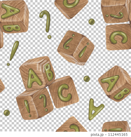 Baby Toys seamless Pattern. Watercolor illustration of abc blocks. Hand drawn on white isolated background. Drawing of kids cubes print. For fabrics and children's textiles 112445165