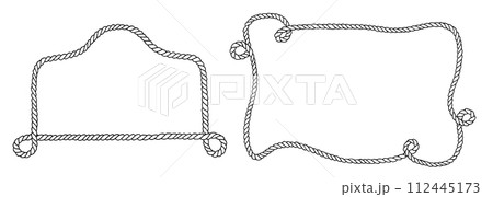 Rope Frame Border Vector set. Vintage line art with background. Linear drawing of rectangular shaped wreath. Corner cord cadre. Outline black and white design element for cards and stickers Rope Frame Border Vector set. Vintage line art with background. Linear drawing of rectangular shaped wreath. Corner cord cadre. Outline black and white design element for cards and stickers 112445173