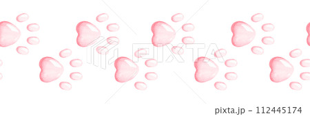 Paw print Border. Watercolor illustration of pink cat or dog footprint. Hand drawn on white isolated background. Painting of template frame for cards. Drawing of animal cartoon cute seamless pattern 112445174