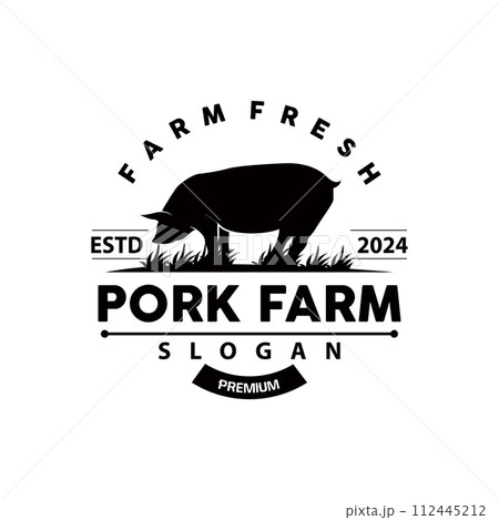 Pig logo grilled pork pig simple rustic stamp vector emblem livestock barbecue BBQ vintage design inspiration 112445212