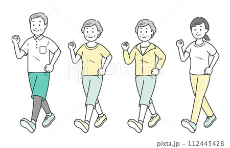 スポーツウェアでウォーキングする高齢男女と若い女性 112445428