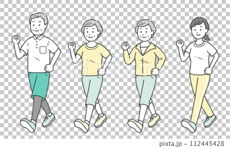 スポーツウェアでウォーキングする高齢男女と若い女性 112445428