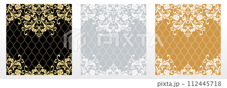 Wallpapers in the style of Baroque. Seamless vector backgrounds. Set of colored floral ornaments. Graphic patterns for fabric, wallpaper, packaging. Ornate Damask flower ornaments 112445718
