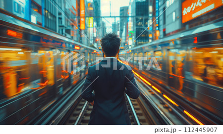 線路を逃走するビジネスマン 112445907