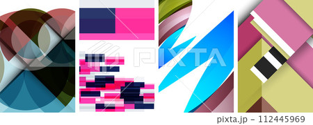 Sleek geometric abstract backgrounds composed of circles, lines, and triangles, exuding minimalist sophistication for wallpaper, business card, cover, poster, banner, brochure, header, website 112445969
