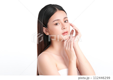 Beautiful young asian woman with clean fresh skin on white background, Face care, Facial treatment, Cosmetology, beauty and spa, Asian women portrait. 112446299