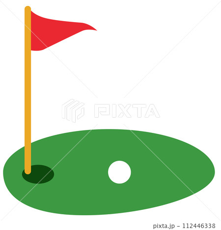 Golf course green with flag icon. Flagstick and golf ball sign. golf red flag on green grass and hole logo. Golf course symbol. flat style. 112446338