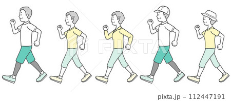 スポーツウェアでウォーキングする高齢男女イラストセット スポーツウェアでウォーキングする高齢男女イラストセット 112447191