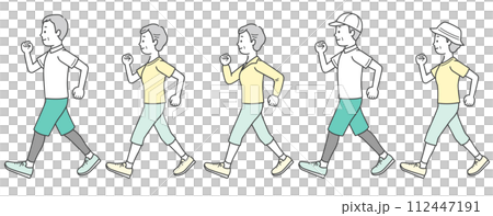 穿著運動服行走的老年男女插畫集 112447191