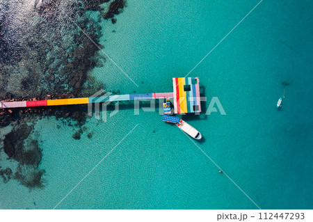 Wooden bridge at the beach and clear blue water Wooden bridge at the beach and clear blue water 112447293