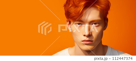 Elegant handsome young male Asian guy with short red hair, on yellow orange background, banner, copy space, portrait. 112447374