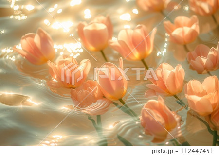 AI-generated content. Elegant tulips in full bloom, floating on a peaceful pond bathed in sunlight Peach tulips floating gracefully on water with soft sunlight reflections AI-generated content. Elegant tulips in full bloom, floating on a peaceful pond bathed in sunlight Peach tulips floating gracefully on water with soft sunlight reflections 112447451