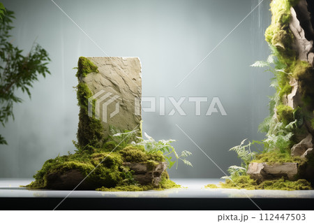AI-generated content. Sustainable rock stone with green moss and plants in sunlight, nature conservation concept, ESG Save the green planet, abstract organic, tropical background with rock podium in 112447503
