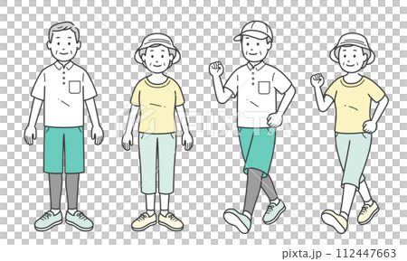 スポーツウェアと帽子をつけた高齢男女イラストセット スポーツウェアと帽子をつけた高齢男女イラストセット 112447663