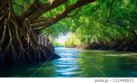 マングローブの森、水と緑の自然風景 112448015