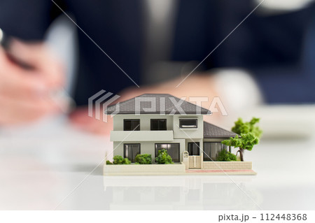 一軒家のミニチュア模型とビジネスマン 112448368