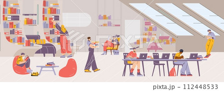 Modern library filled with people studying and relaxing among bookshelves and desks under natural skylight illumination 112448533