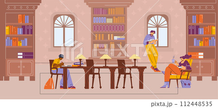 People engaged in reading, writing, and relaxing in library People engaged in reading, writing, and relaxing in library 112448535