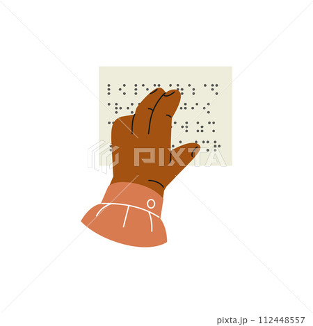 Braille language, person finger drives on points, reading text on sheet with braille font letter for blind people vector 112448557