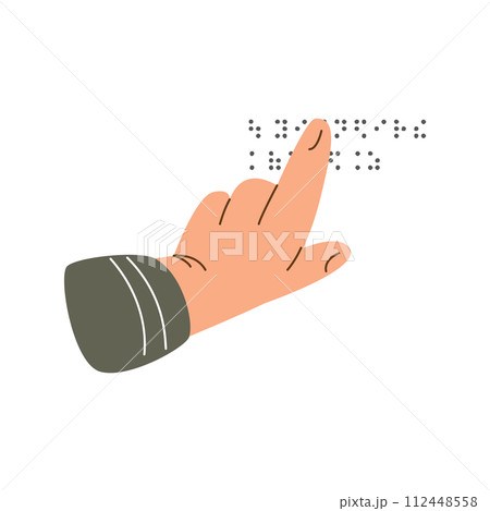 Person with low vision reads with Braille alphabet, flat vector isolated. 112448558