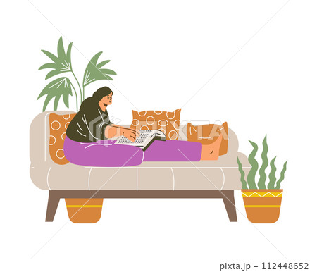 Woman sitting on the sofa and reading book on braille font using fingers, Braille language for blind people vector Woman sitting on the sofa and reading book on braille font using fingers, Braille language for blind people vector 112448652