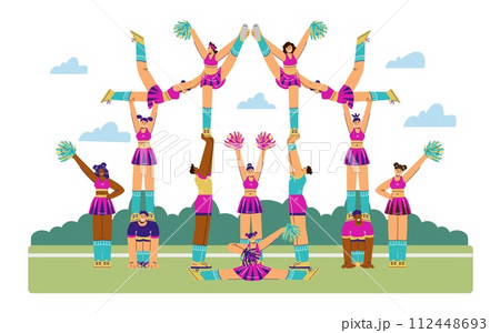 Cheerleading squad performing, acrobatic holding up team on the lawn, vector sporty girls and boys with pompoms in hands 112448693
