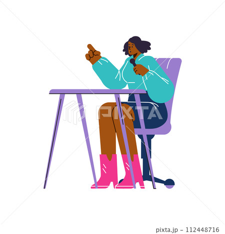 Woman sitting in a chair at the table and speaking into a microphone, vector media journalist, TV presenter, video maker 112448716