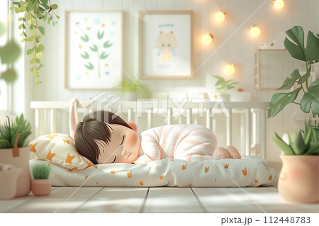 Baby sleeps in pink and white striped pajamas on a white bed in a room, AI generated 112448783