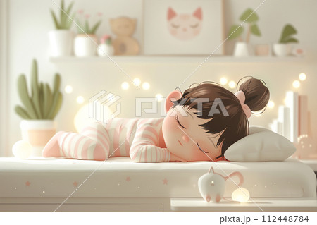 Baby sleeps in pink and white striped pajamas on a white bed in a room, AI generated 112448784