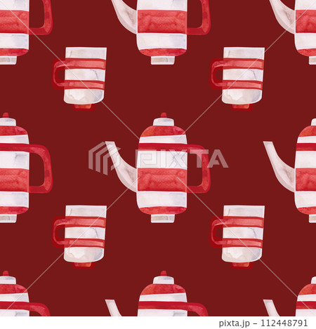 Watercolor seamless pattern with old-fashioned teapots and cups in red and white stripes. Pattern for seasonal wrapping paper, fabric, textiles, tablecloths and curtains in a tea cafe or coffee shop. 112448791