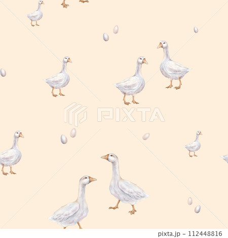 Watercolor seamless pattern with goose and quail eggs. Repiat pattern pastel color. Tender watercolor hand drawn illustration on a isolated on background. Domestic cute farm bird. For Easter design. Watercolor seamless pattern with goose and quail eggs. Repiat pattern pastel color. Tender watercolor hand drawn illustration on a isolated on background. Domestic cute farm bird. For Easter design. 112448816